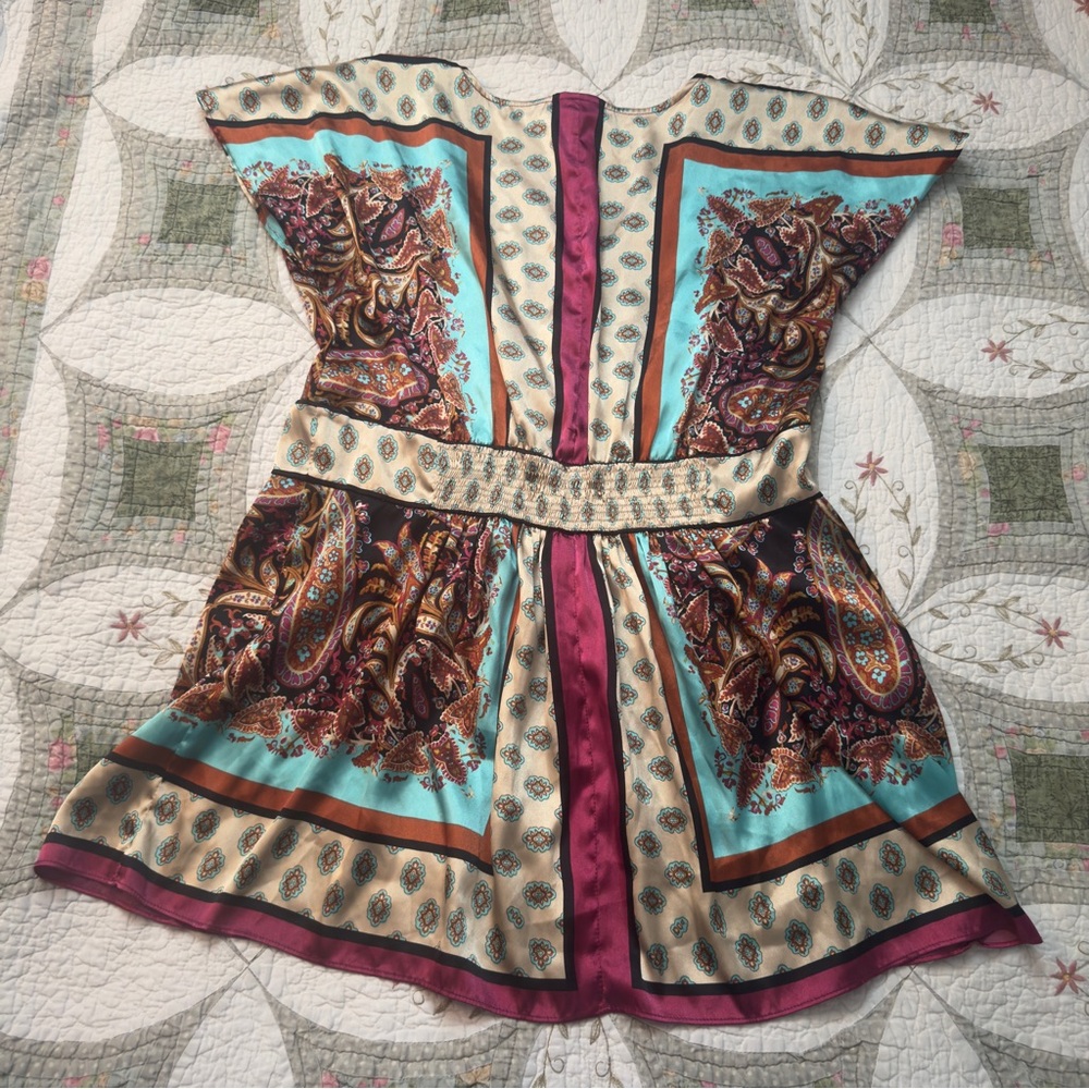 Nicole Scarf Print Paisley Babydoll Tunic Top M Boho V Neck Cap Sleeve - Picture 2 of 8